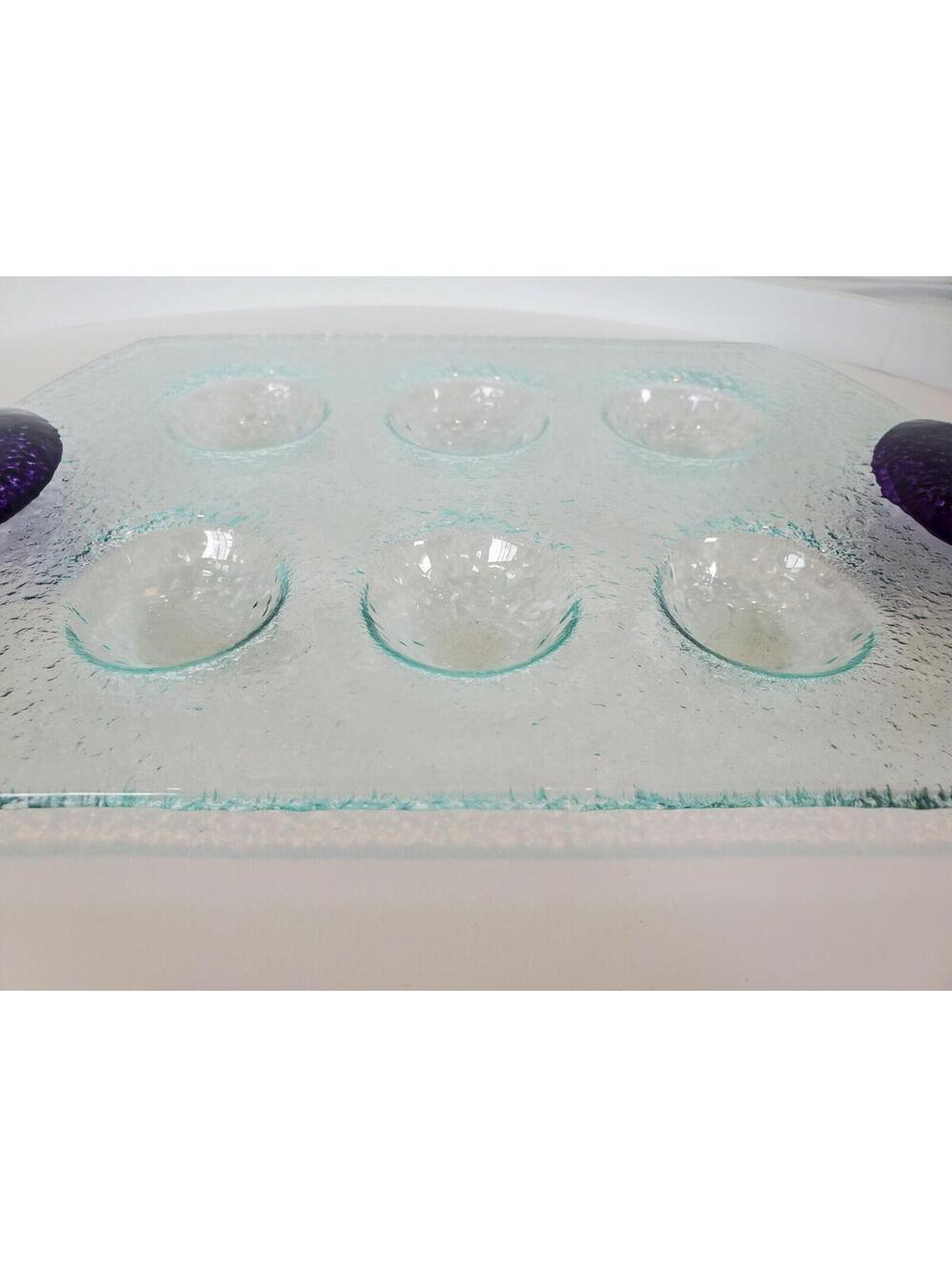 Dansk Fire & Light Style Textured Glass Egg/Escargot Serving Tray Purple Handles